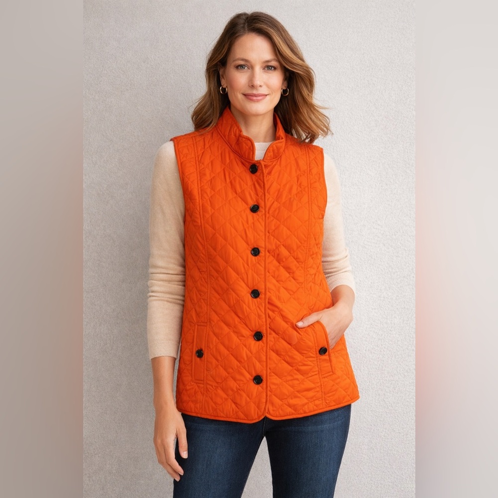 J. Jill Large Orange Quilted Vest Women’s Lightweight Puffer Button Jacket‎ EUC